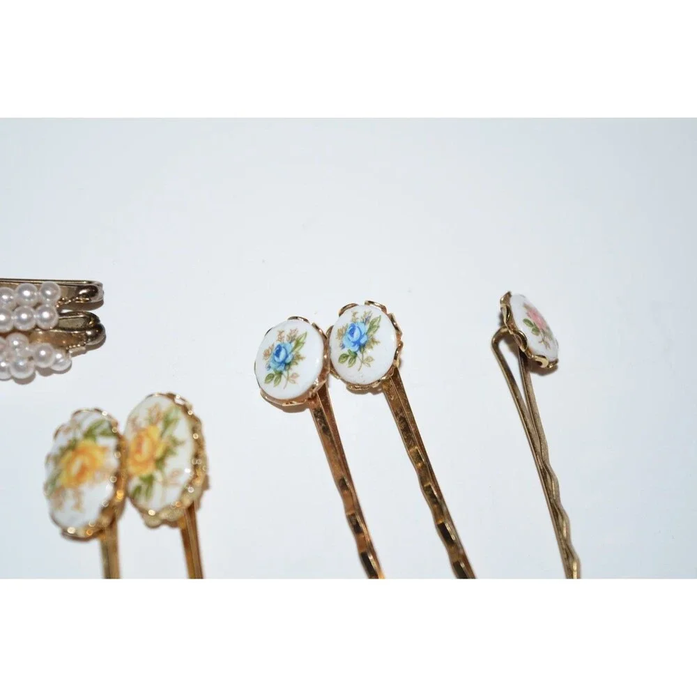 Vtg lot Floral Flower Ceramic Bobby Pin Hair Pins beads rhinestones cats 9pc